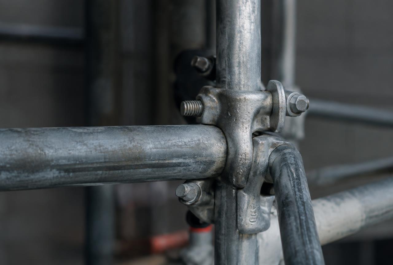 Close-up of galvanised scaffold tubes joined with right-angle couplers